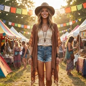 Steve Madden Women Open Front Kimono Cardigan Rust Brown Stripe Fringe One Size